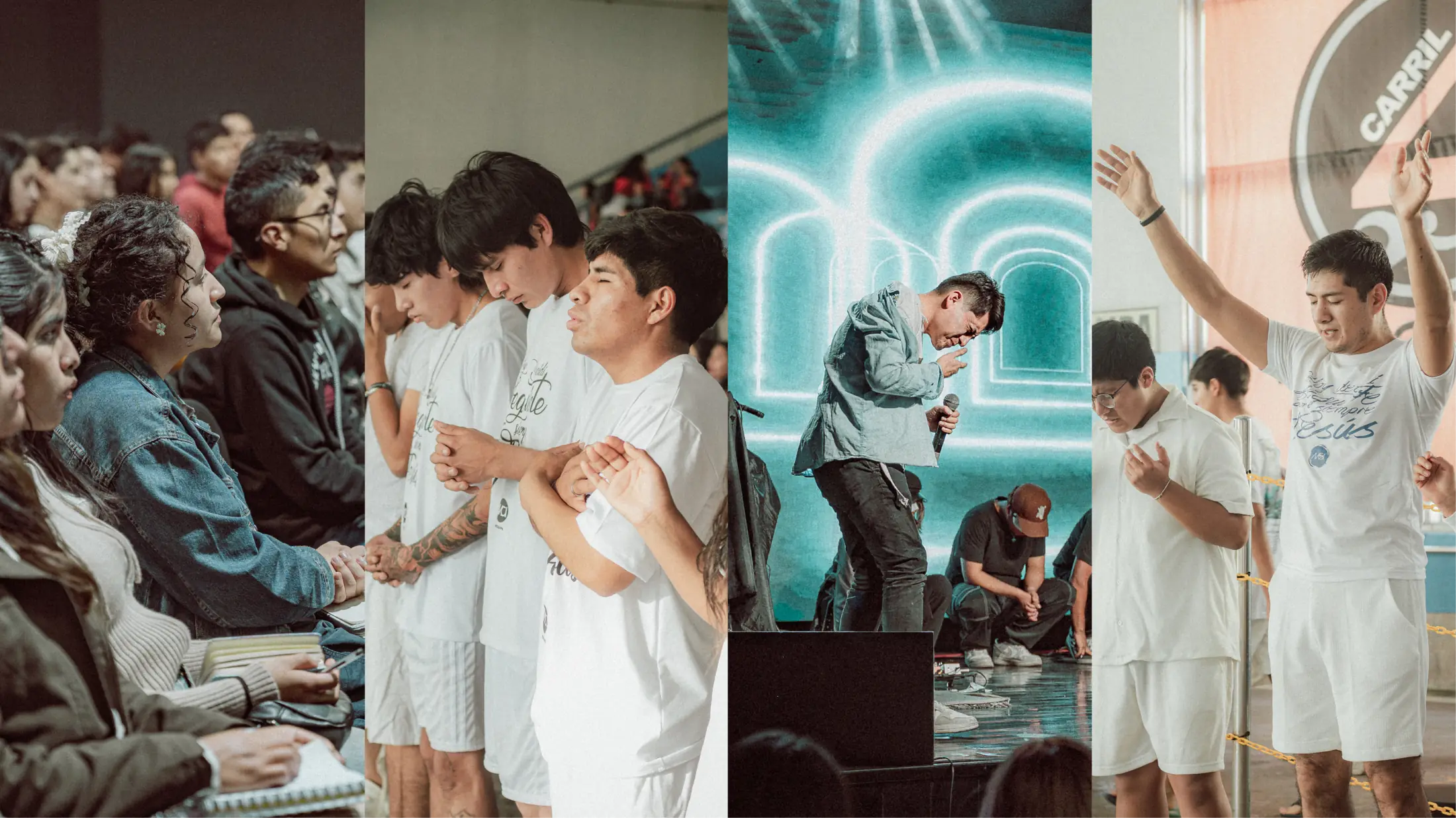 Jóvenes participando en diferentes momentos de encuentro y oración